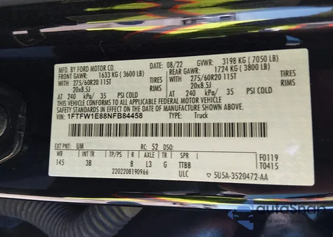 2022 Ford F-150 Platinum z USA, uszkodzony, nr VIN 1FTFW1E88NFB84458